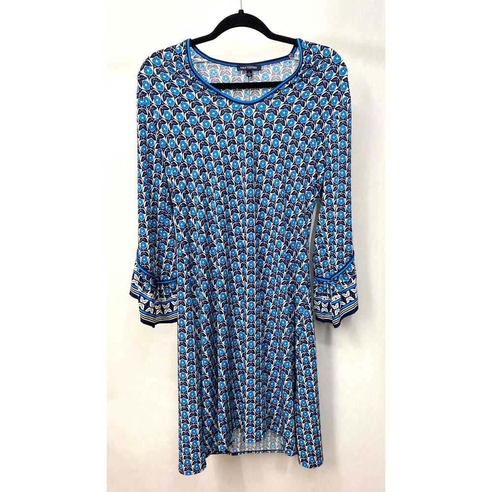 Max Edition Sheath Dress with Bell Sleeves Blue Print Size Large